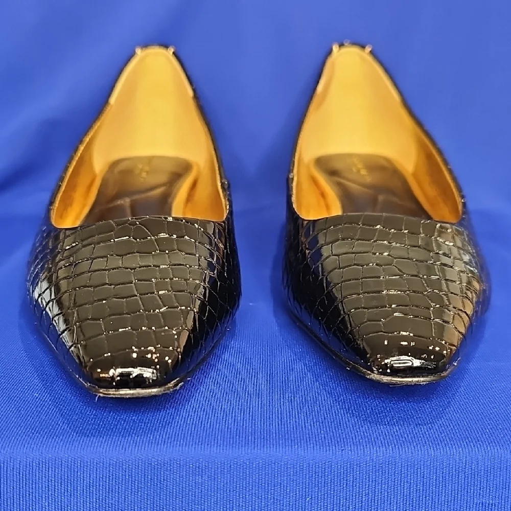 Donna Kara Savita Snip Toe Croc Embossed Flat Black Gold Size 7 - Picture 3 of 12
